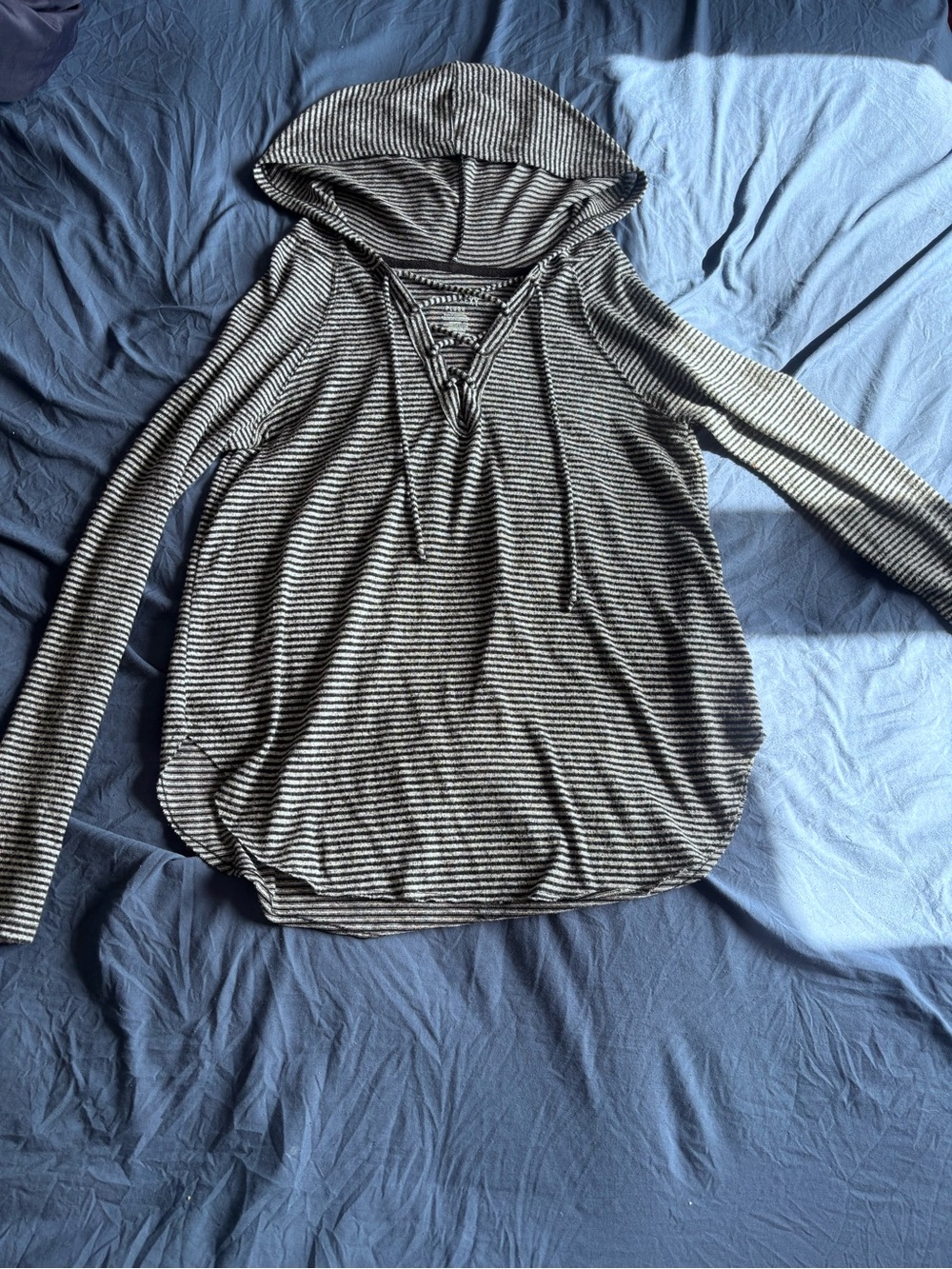 American Eagle Outfitters Black & White Striped Hooded Lace-Up Long Sleeve Top